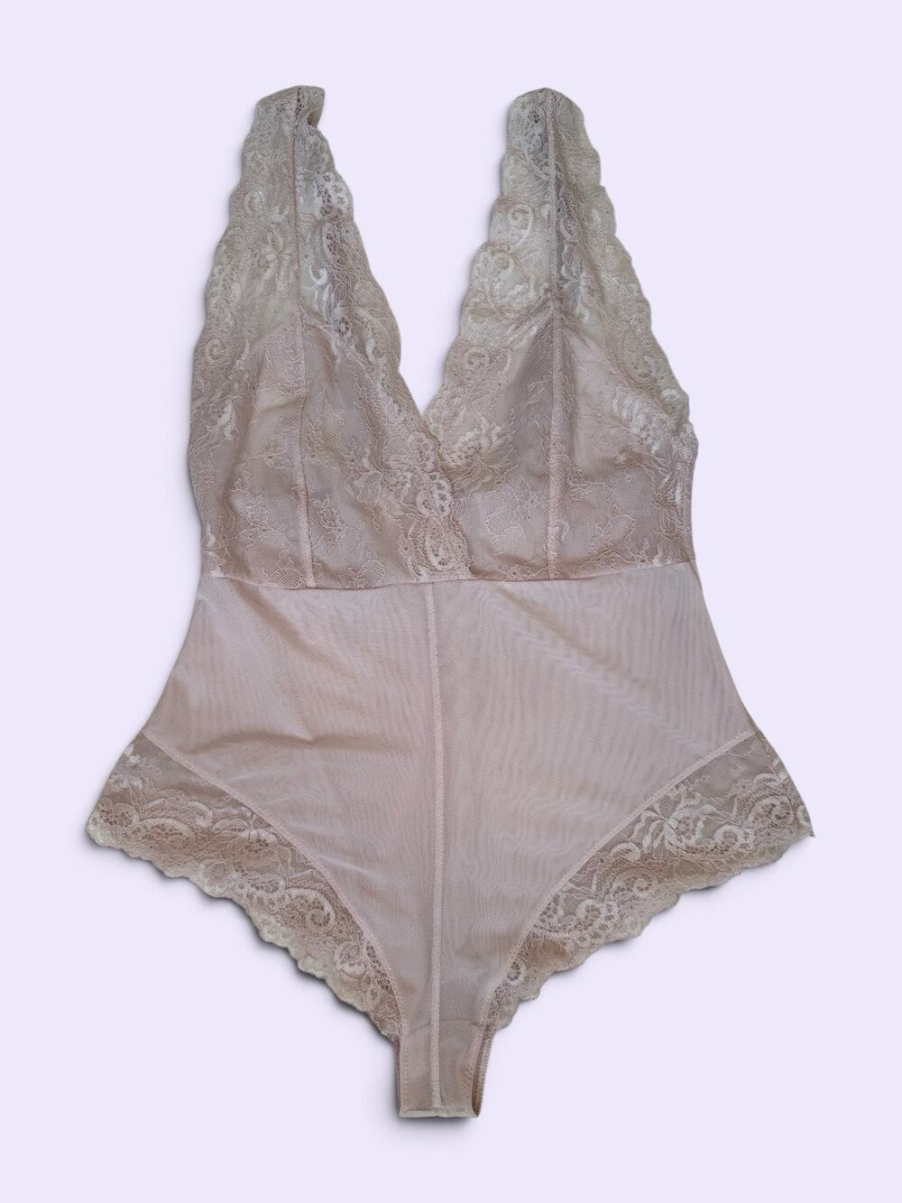 Adrienne Vittadini Studio Lace Teddy Bodysuit Medium Blush Pink Sheer Lingerie M